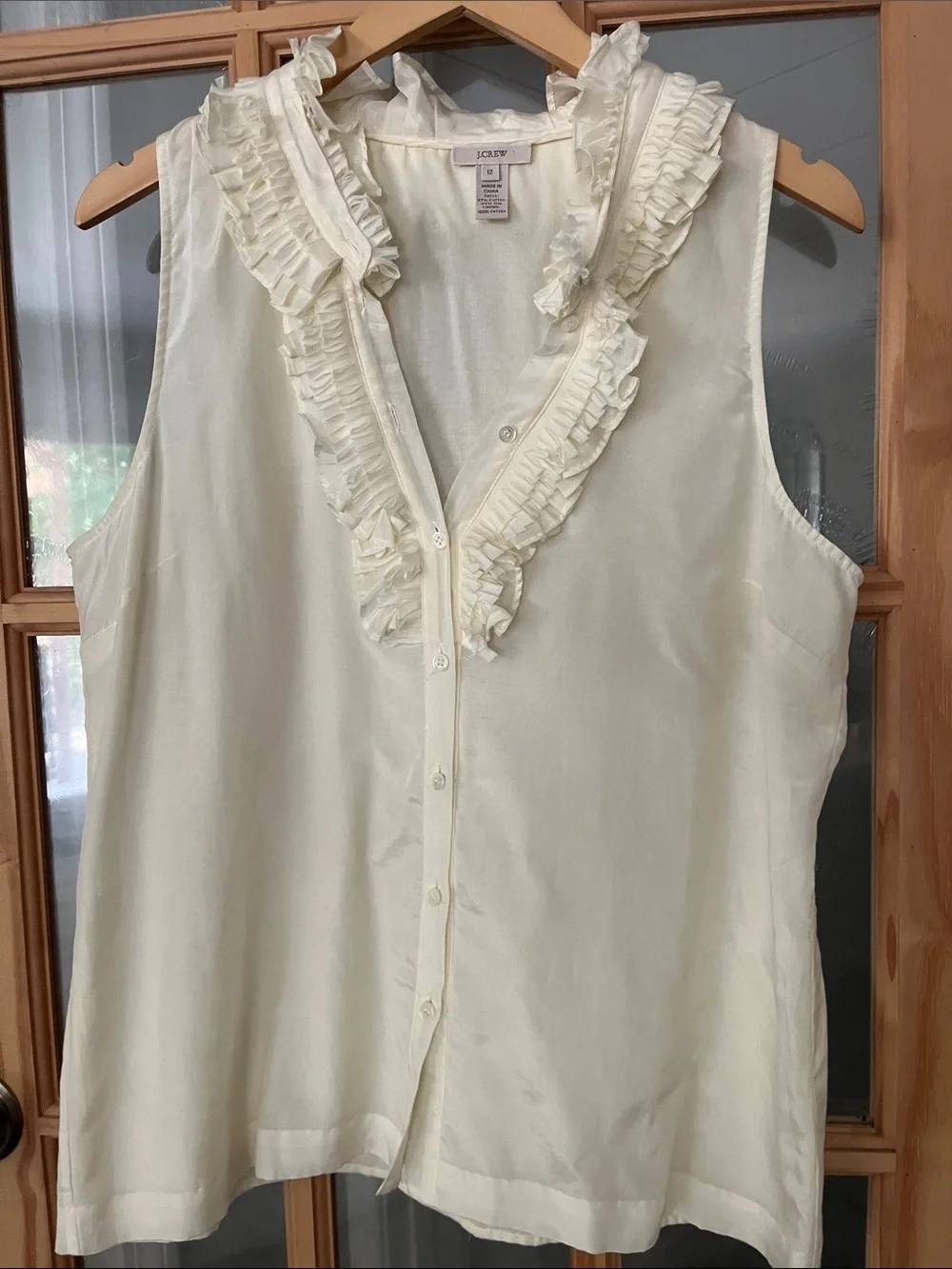 J. Crew Silk Cotton Ruffle fringe Sleeveless Blouse, cream, sz 12 EUC